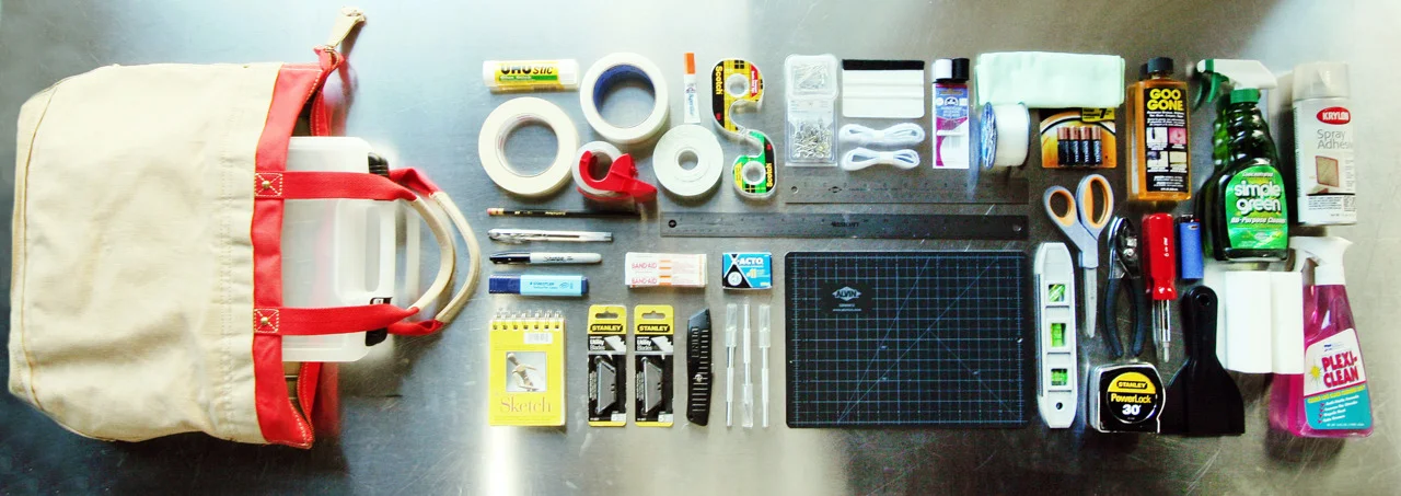 thingsorganizedneatly:

SUBMISSION: the on-location tool bag of an MKG designer
ed: That was awesome.. I was wondering, What’s MKG mean? Then I saw that the provided link was ThisIsMKG.com.