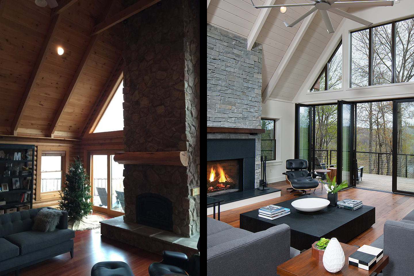 Living room and fireplace before and after