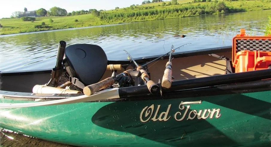 Old Town Pack Angler Canoe all rigged up and ready to fish.