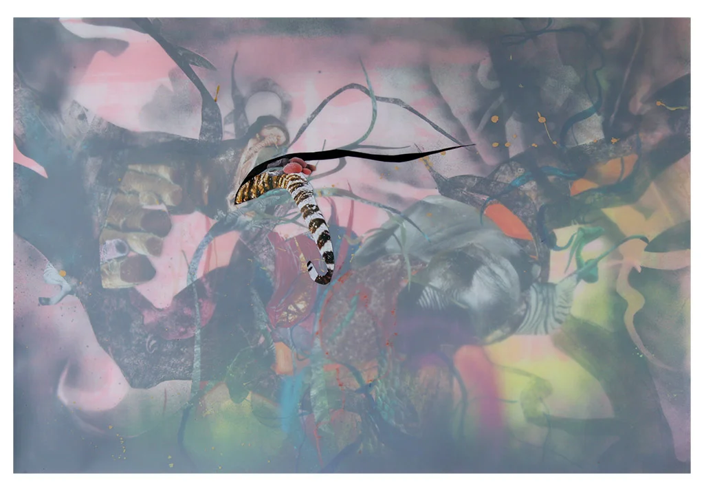 Regestion 30" X 44" Ink, spray paint, screen print, and collage on paper and mylar 2014