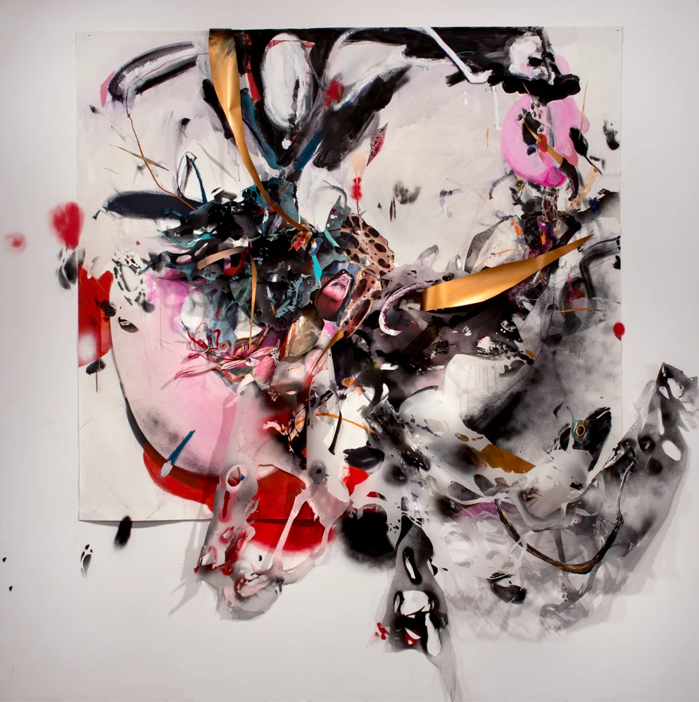 Spread and Swallow 72" X 60" Acrylic, spray paint, crayon, pencil, woodcut, digital collage on canvas 2014