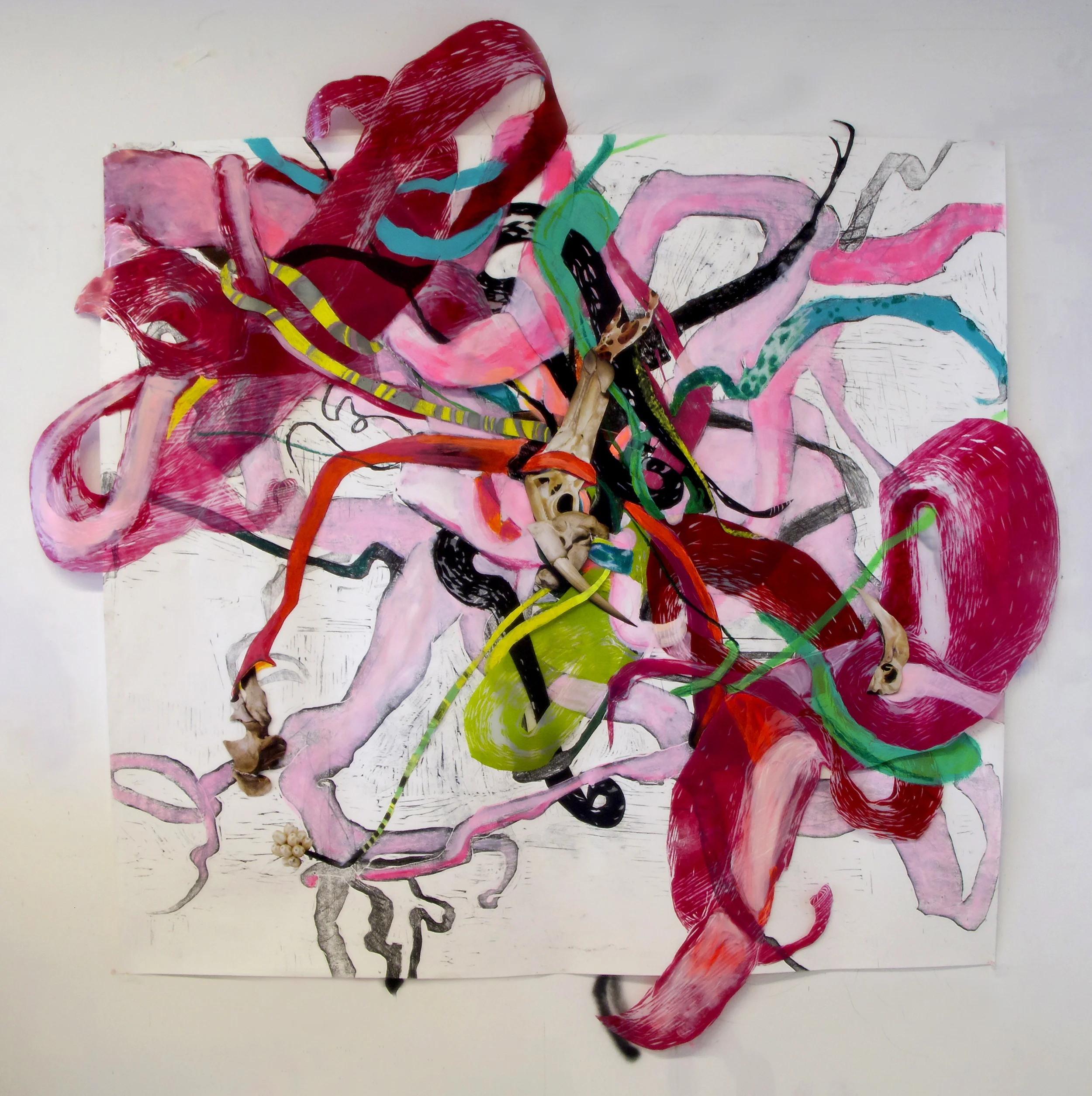 Exoskeleton 5' X 5' Woodcut and collage on mylar and paper; mixed media on paper 2014