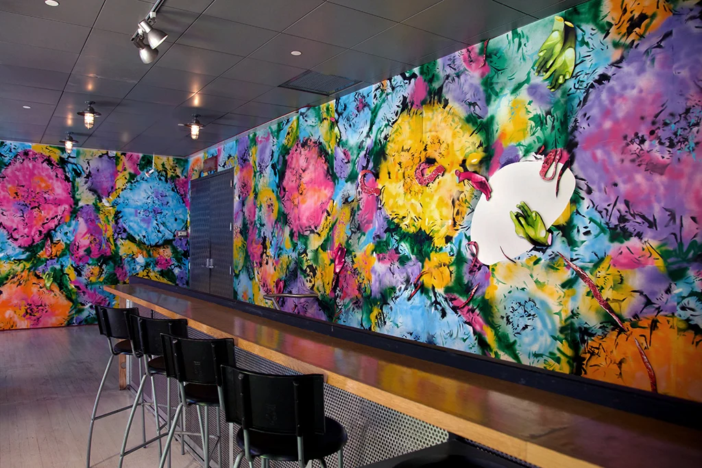 Neon Spring (at Here Art Center, New York) Custom-made wallpaper; spray paint, cut paper, digital print installation 21' X 9.5' X 14.5' 2017 Photo credit: Lindsay Comstock