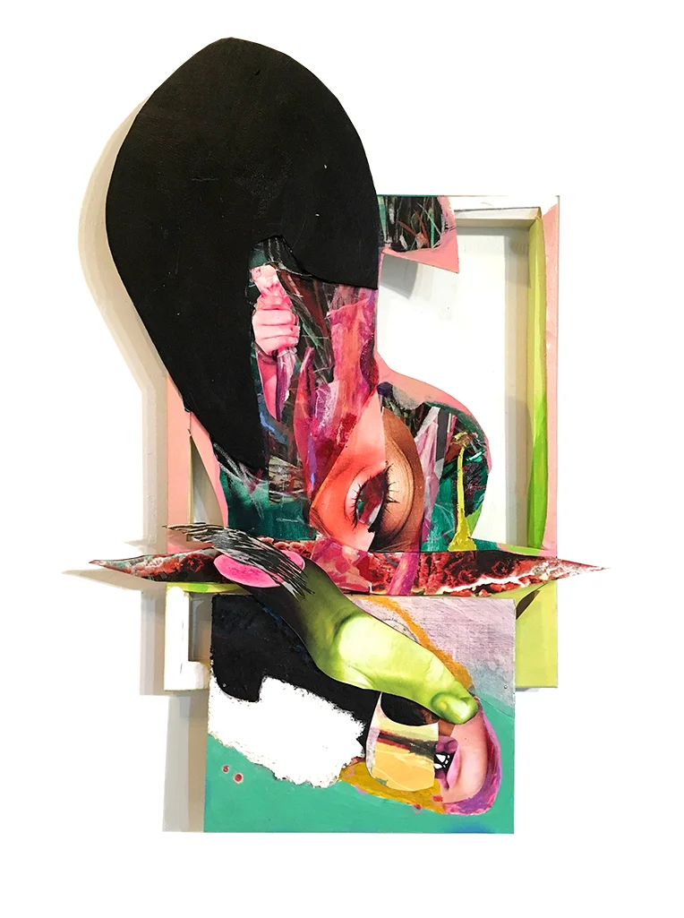 Black Bulb 30" X 15" Collage, mixed media, panel, foamcore, cardboard, canvas on wooden frame 2017