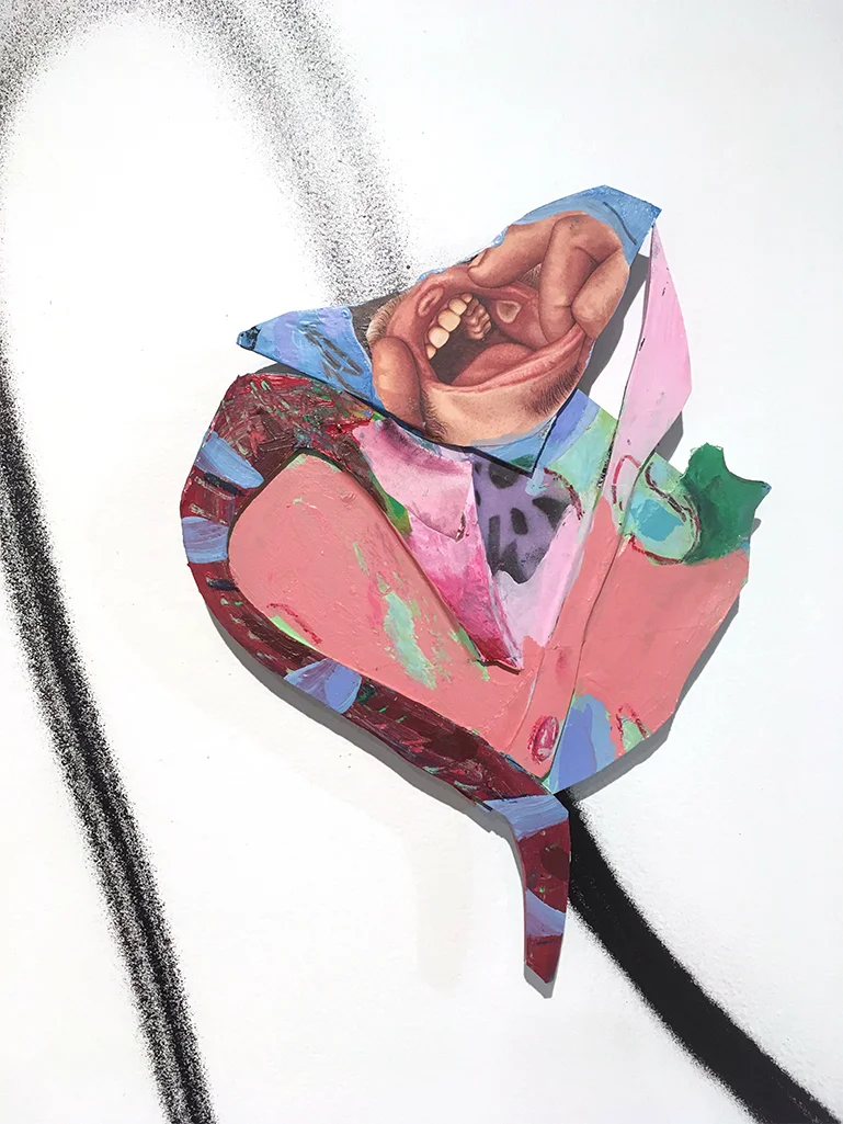 Mask (02) 8" X 10" Collage, acrylic, mixed media, on foamcore and panel; spray paint on wall 2018