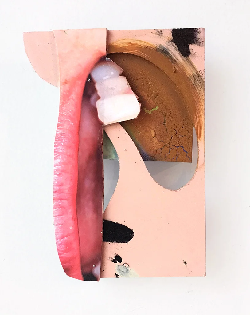 Mouth 6" X 10" Collage, cut wood, cardboard, spray paint, acrylic 2018