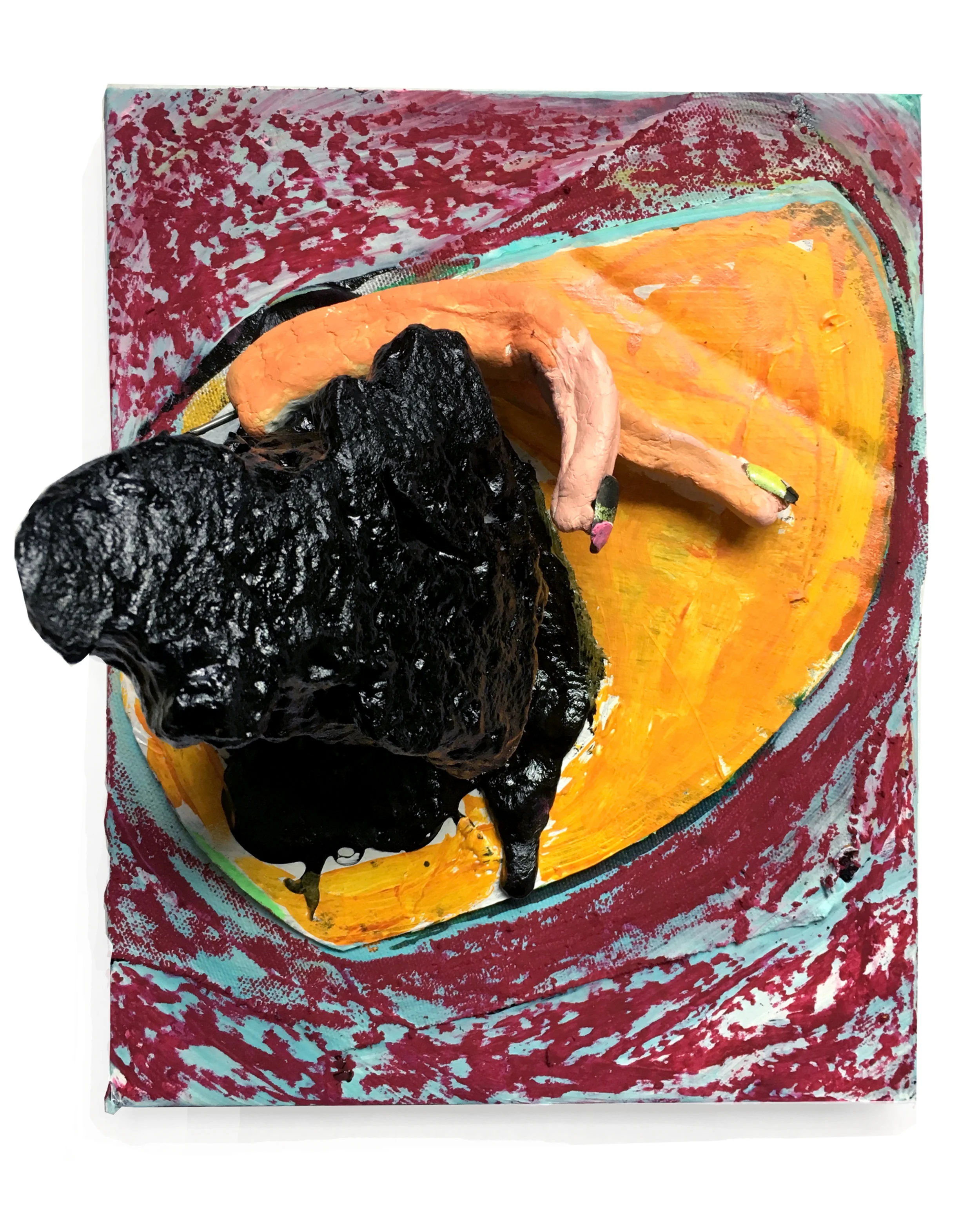 Crystal and Claws (Orange and Tar) 8” X 10” Tar, foam, clay, collage, fake nails, crayon, mixed media on panel 2018