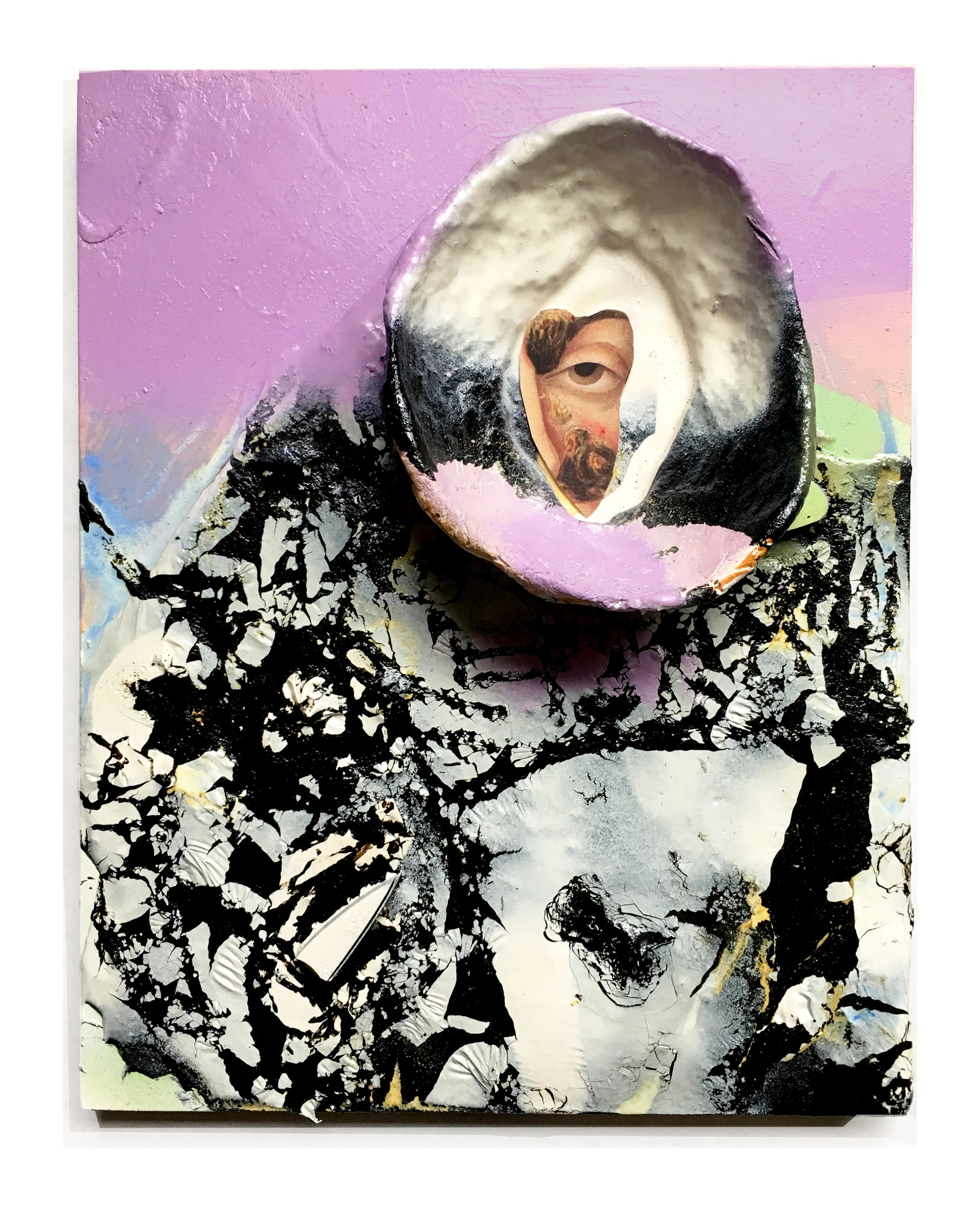Hole 8” x 10” Clay, tar, cut paper, spray paint, mixed media on panel 2018