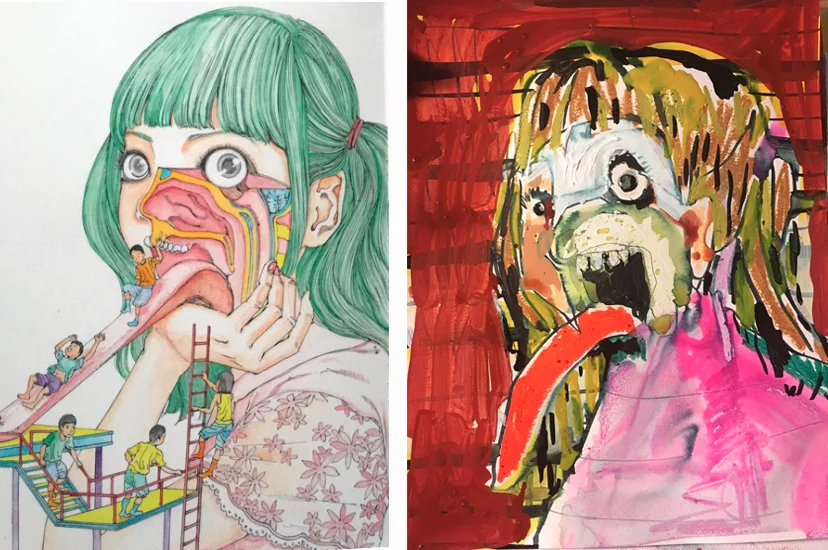 Here’s an example of a quick sketch I did “copying” Japanese Illustrator, Shintaro Kago. Mine on the right.