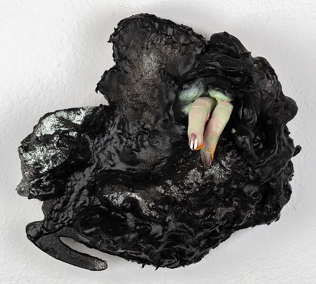 Tarpit 16” X 15” X 4” Foam, clay, wood, tar, fake fingernails, glitter 2018