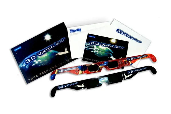 ^ 3D Virtual Black - lenticular invitation and 3D glasses inviting trade show attendees to a demonstration at the Da-Lite booth in Las Vegas.