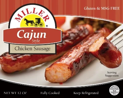 ^ Miller Poultry - Cajun flavored chicken sausage packaging.