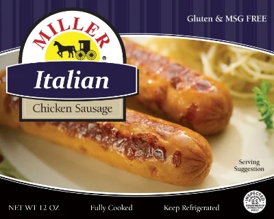 ^ Miller Poultry - Italian flavored chicken sausage packaging.