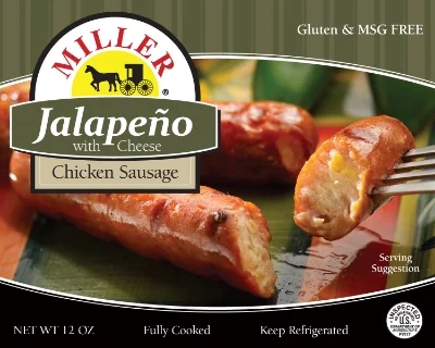 ^ Miller Poultry - Jalapeño flavored chicken sausage packaging.