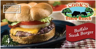 ^ Cook's Bison Ranch - Buffalo Steak Burger packaging.