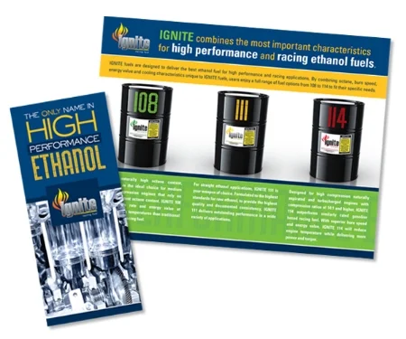 ^ Ignite Fuel - trifold brochure marketing 3 levels of high performance fuel used in the racing sector.
