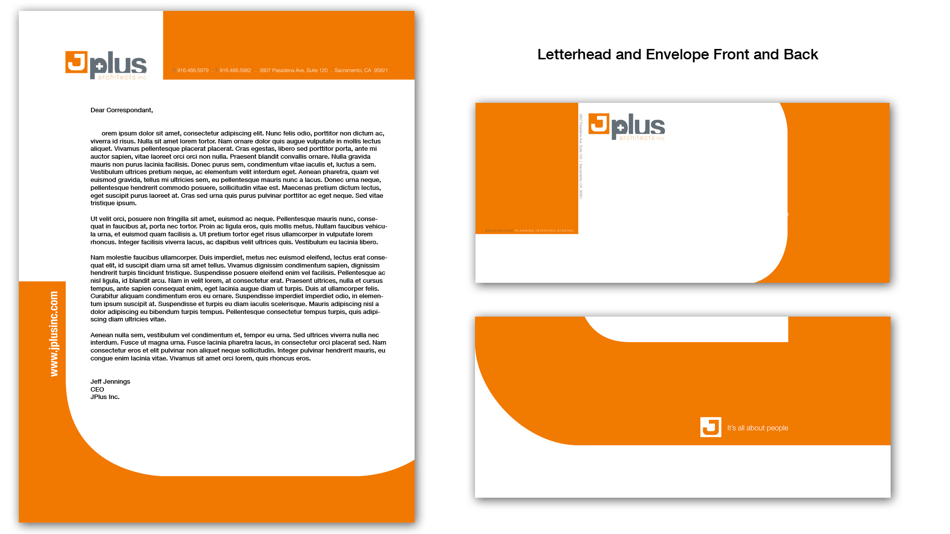 The Final letterhead that was chosen was both consistent with the business card and it was nice how the di-cut envelop was a J that wrapped around the envelop. When you opened the envelop, you could see the J as it unfolded. 