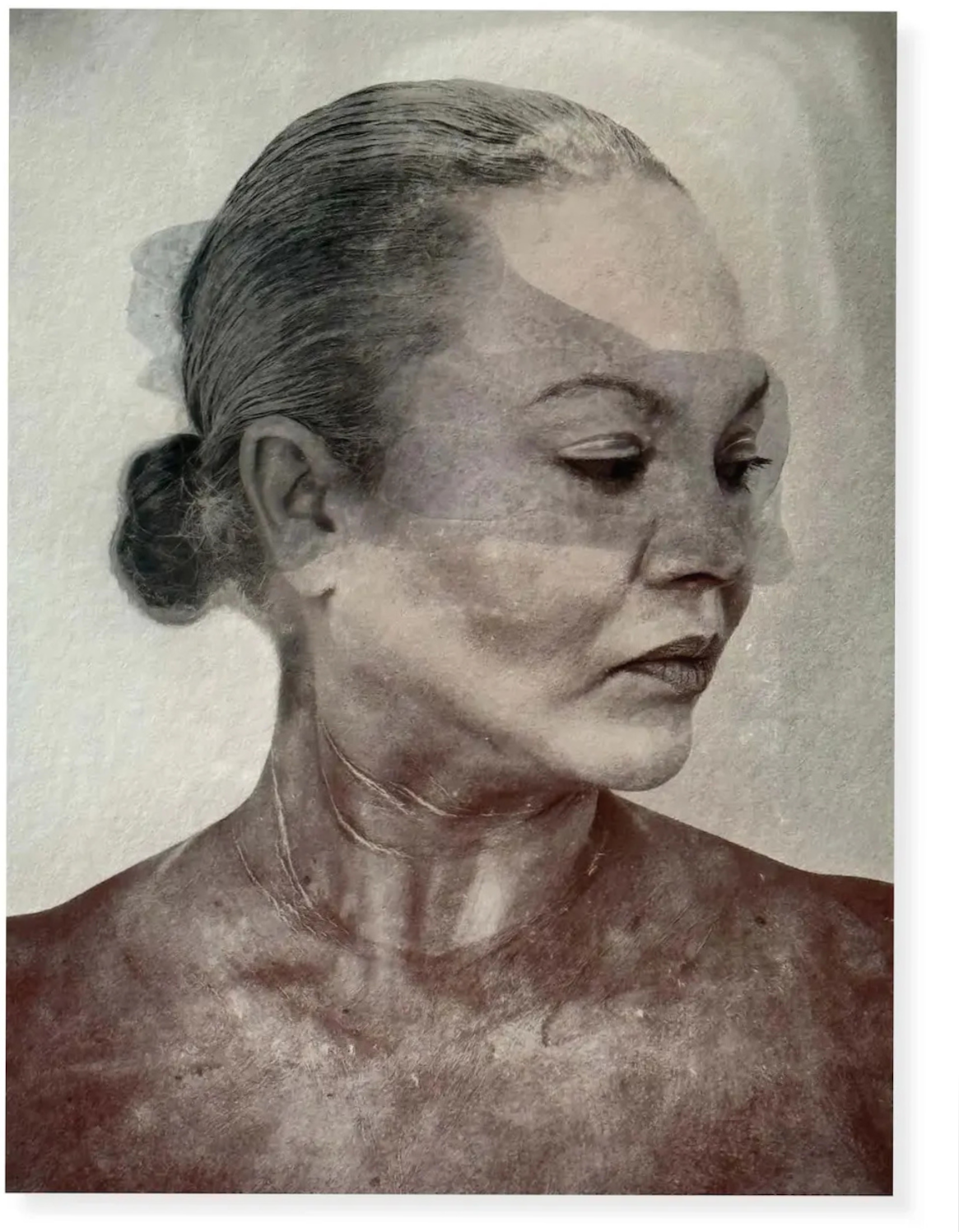 Black and white portrait of a woman with her eyes closed, hair in a bun, and wearing no shirt, with textured details on her face and shoulders.