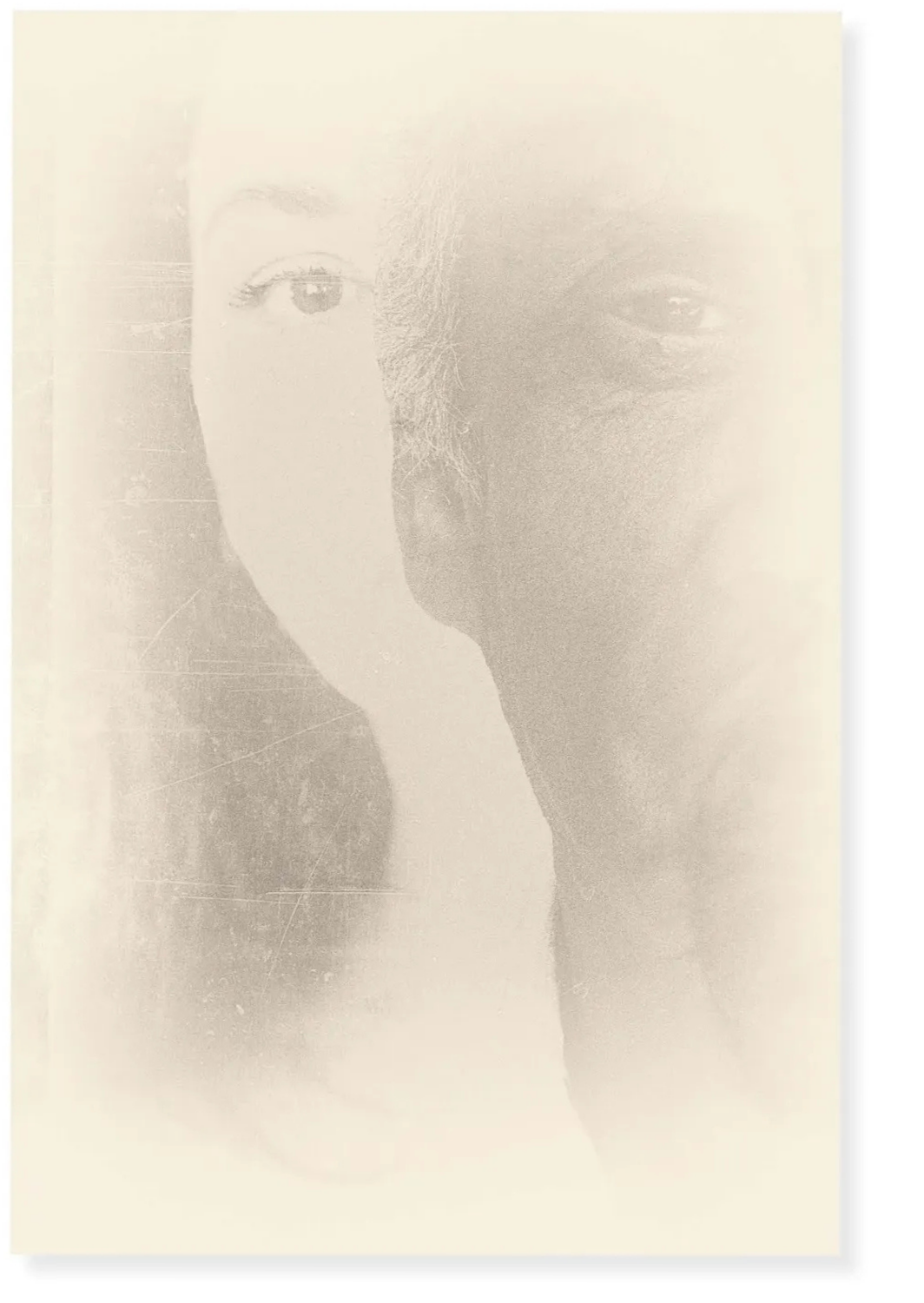 A human face with a hand resting on the cheek, half-visible and with a textured overlay.