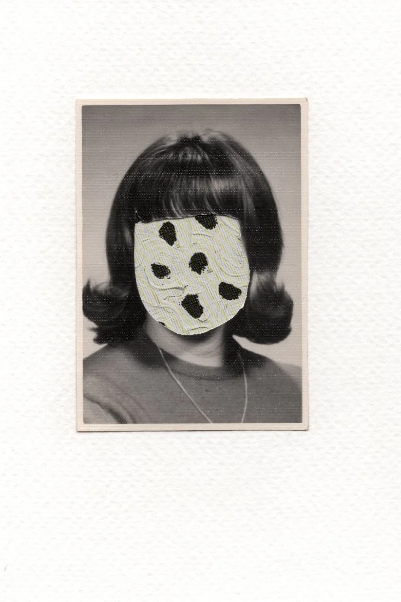 Revision 18, 2026, Auction catalog and vintage photograph on watercolor paper, 6 x 4 inches