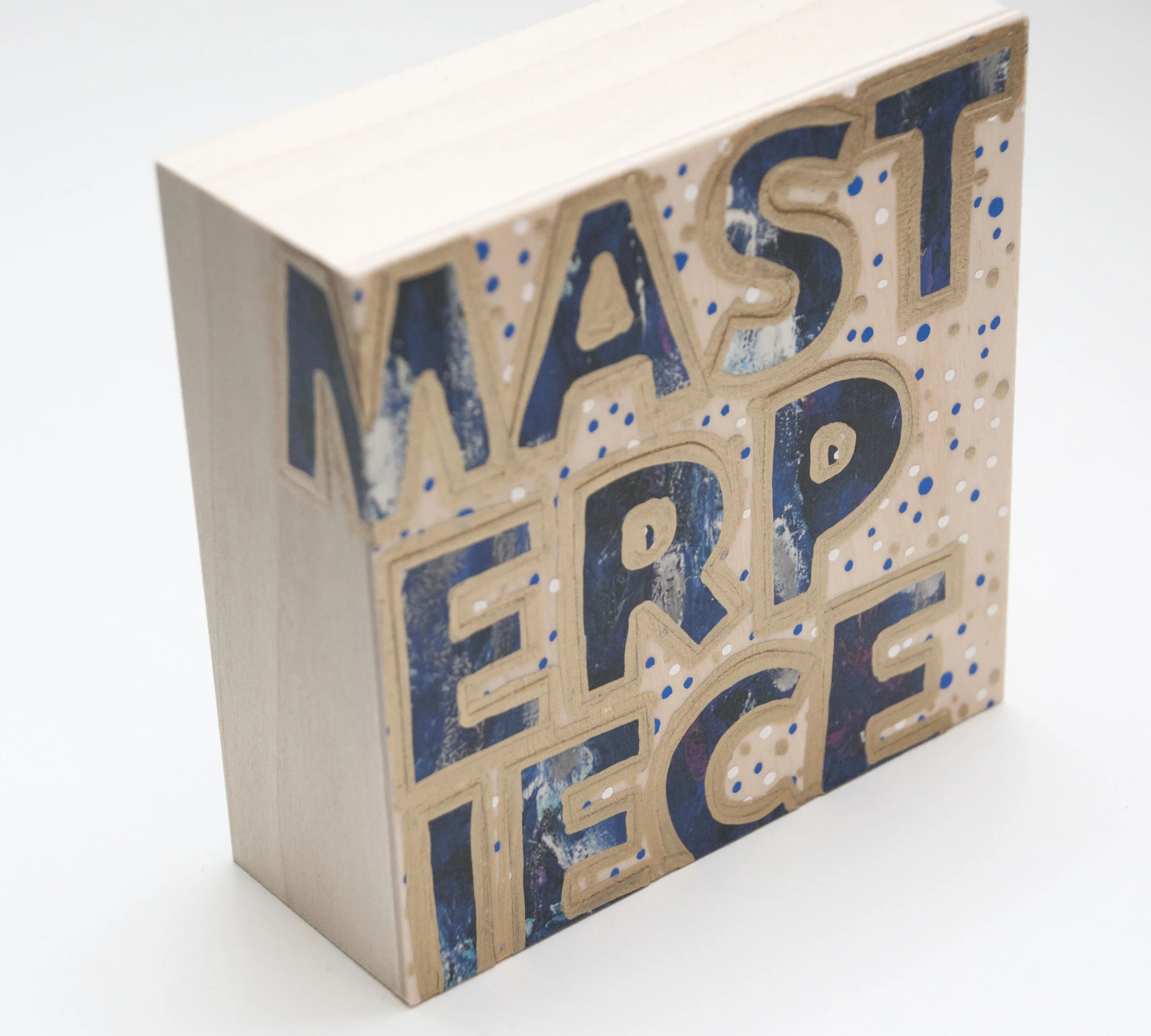 Masterpiece , 2015 Acrylic, enamel, and catalog pages on wood 4 x 4 x 1 5/8 inches