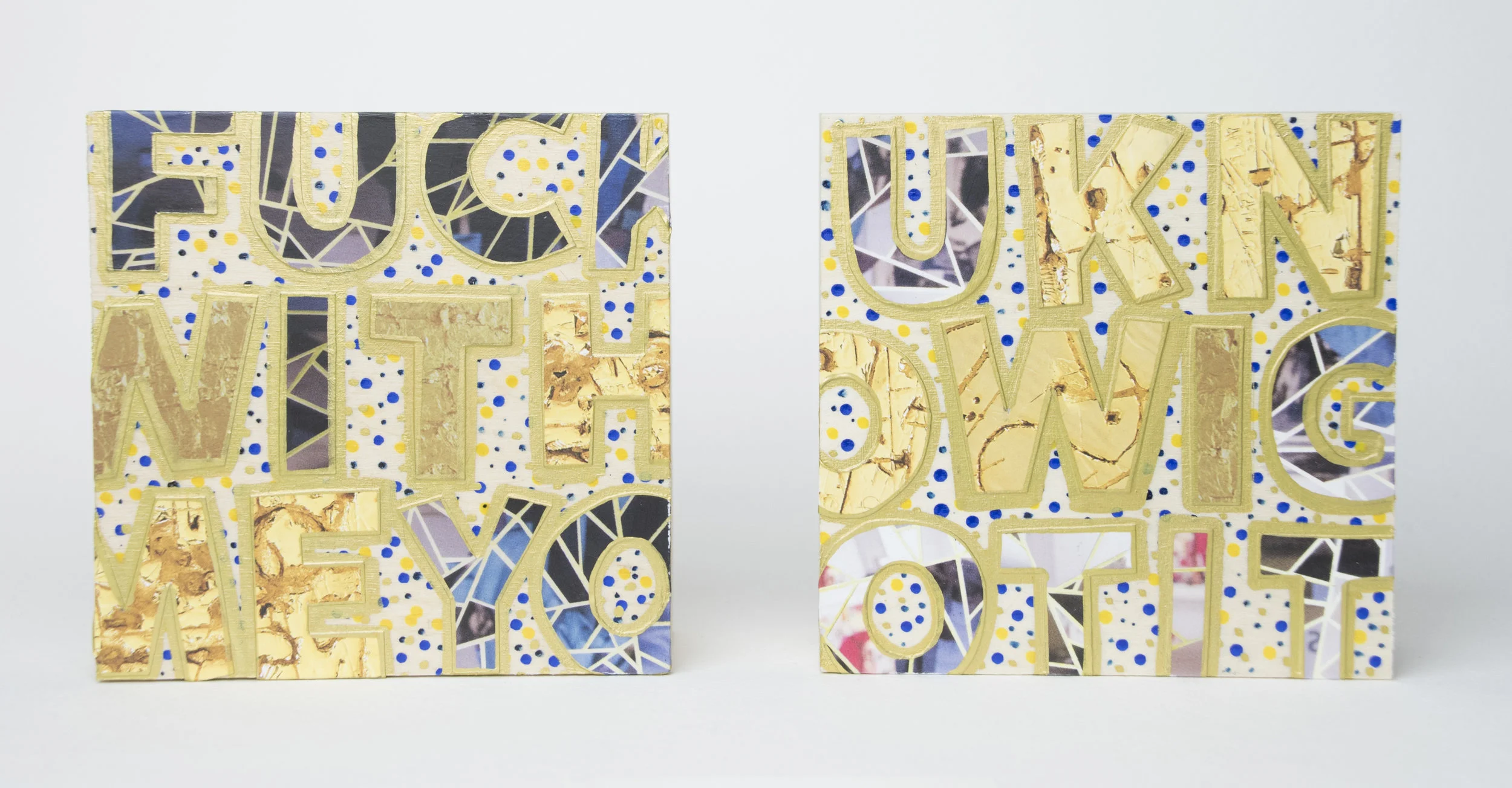 FuckwithmeyouknowIgotit (for Carlos) , 2016 Acrylic, enamel, gouache and catalog on wood Diptych, 4 x 4 x 1 5/8 inches each