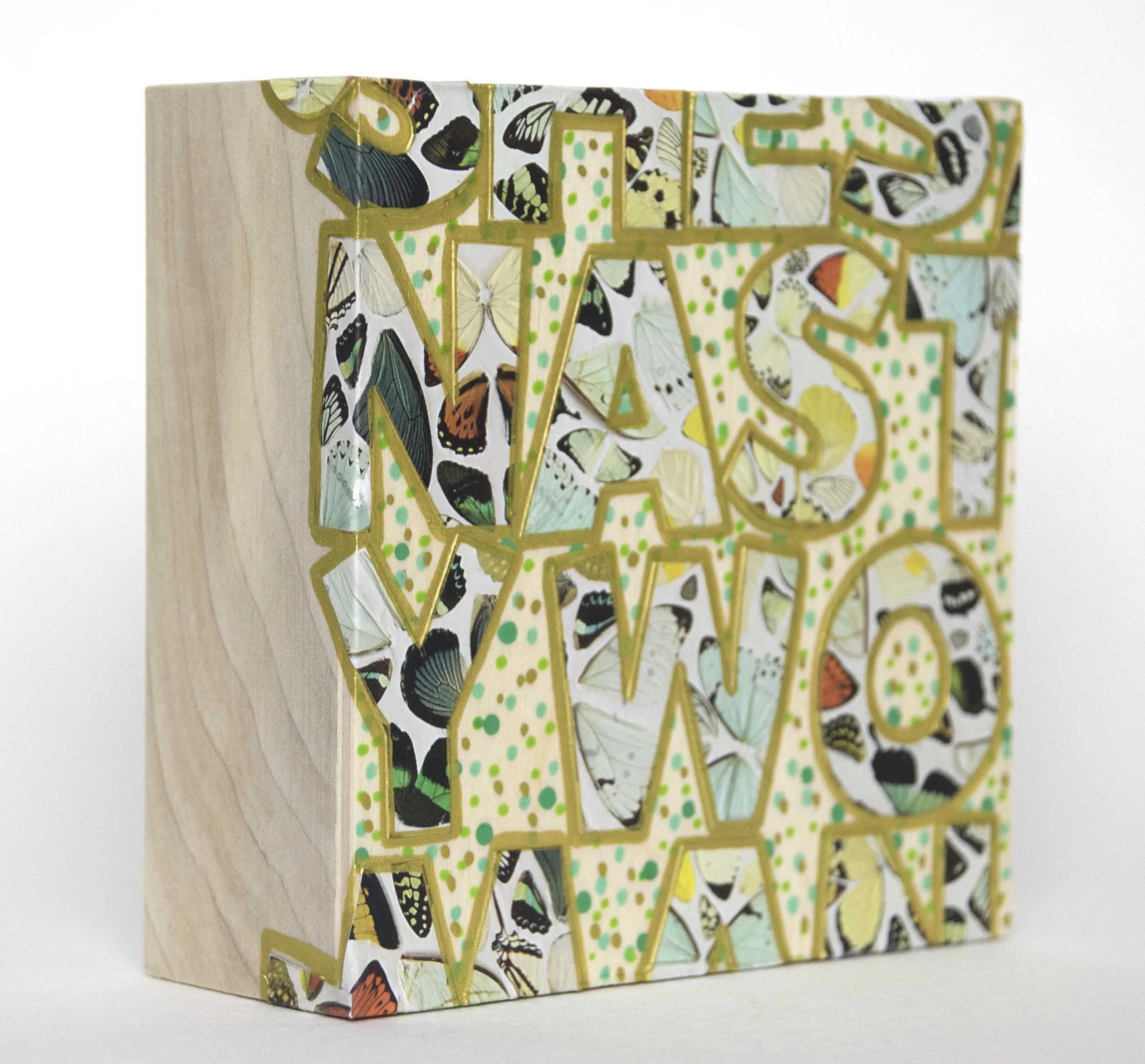 She's A Nasty Woman , 2016 Acrylic, enamel and catalog pages on wood 4 x 4 x 1 5/8 inches