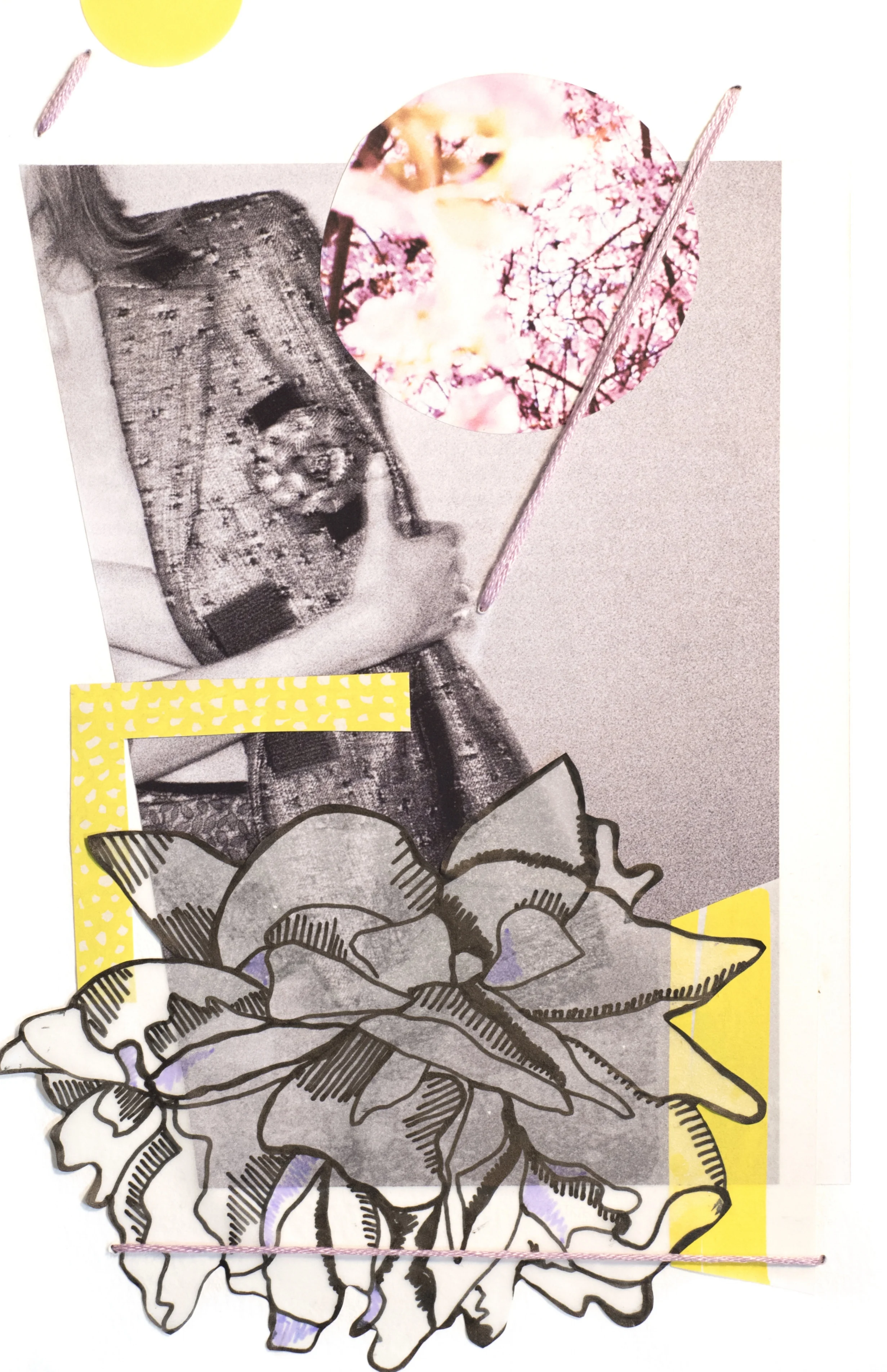 Woman Study 042217-1 , 2017 Ink, vellum, acrylic, magazine, auction catalog, embroidery floss, and sticker on watercolor paper 8 1/2 x 5 1/2 inches