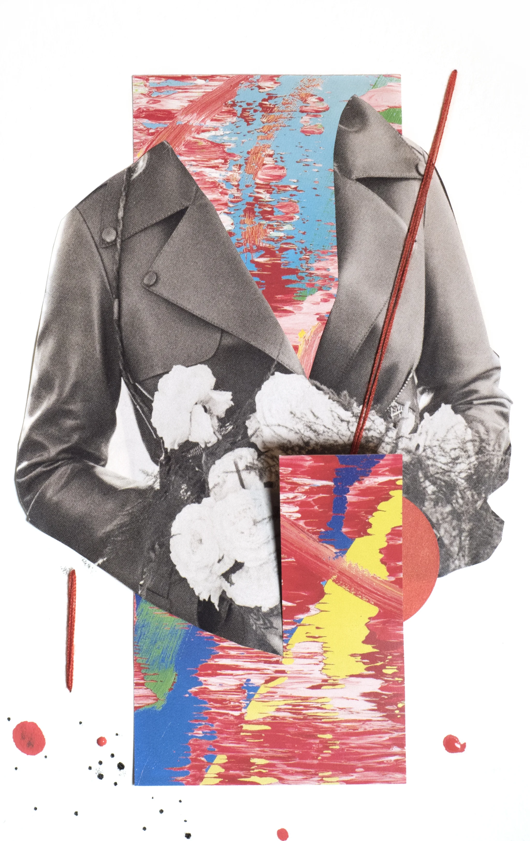 Woman Study 050117-2 , 2017 Acrylic, ink, magazine, auction catalog, embroidery floss, and sticker on watercolor paper 6 x 4 inches