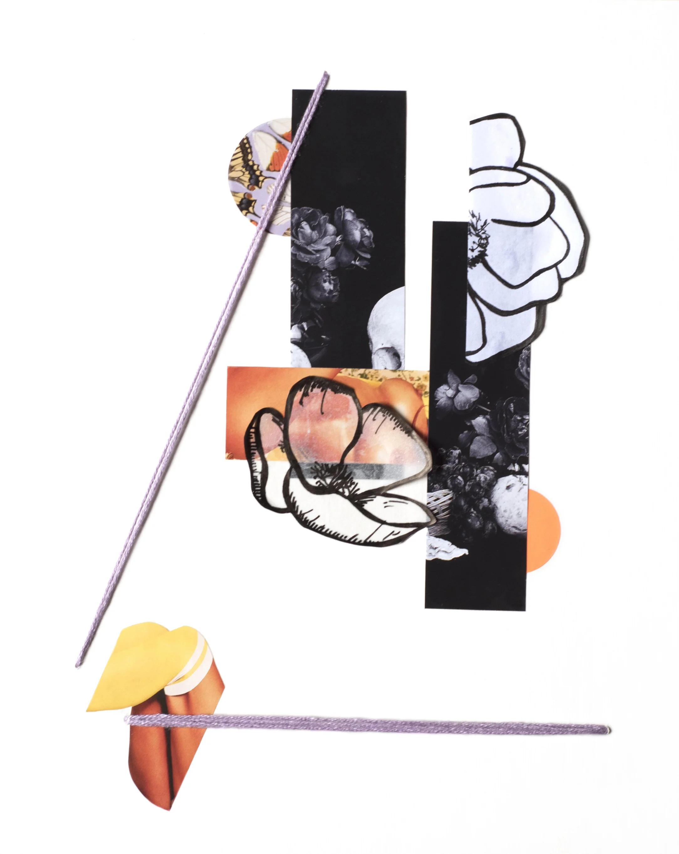 Woman Study 070817-1 , 2017 Ink, vellum, sticker, auction catalog, magazine, and embroidery floss on archival mat board 10 x 8 inches