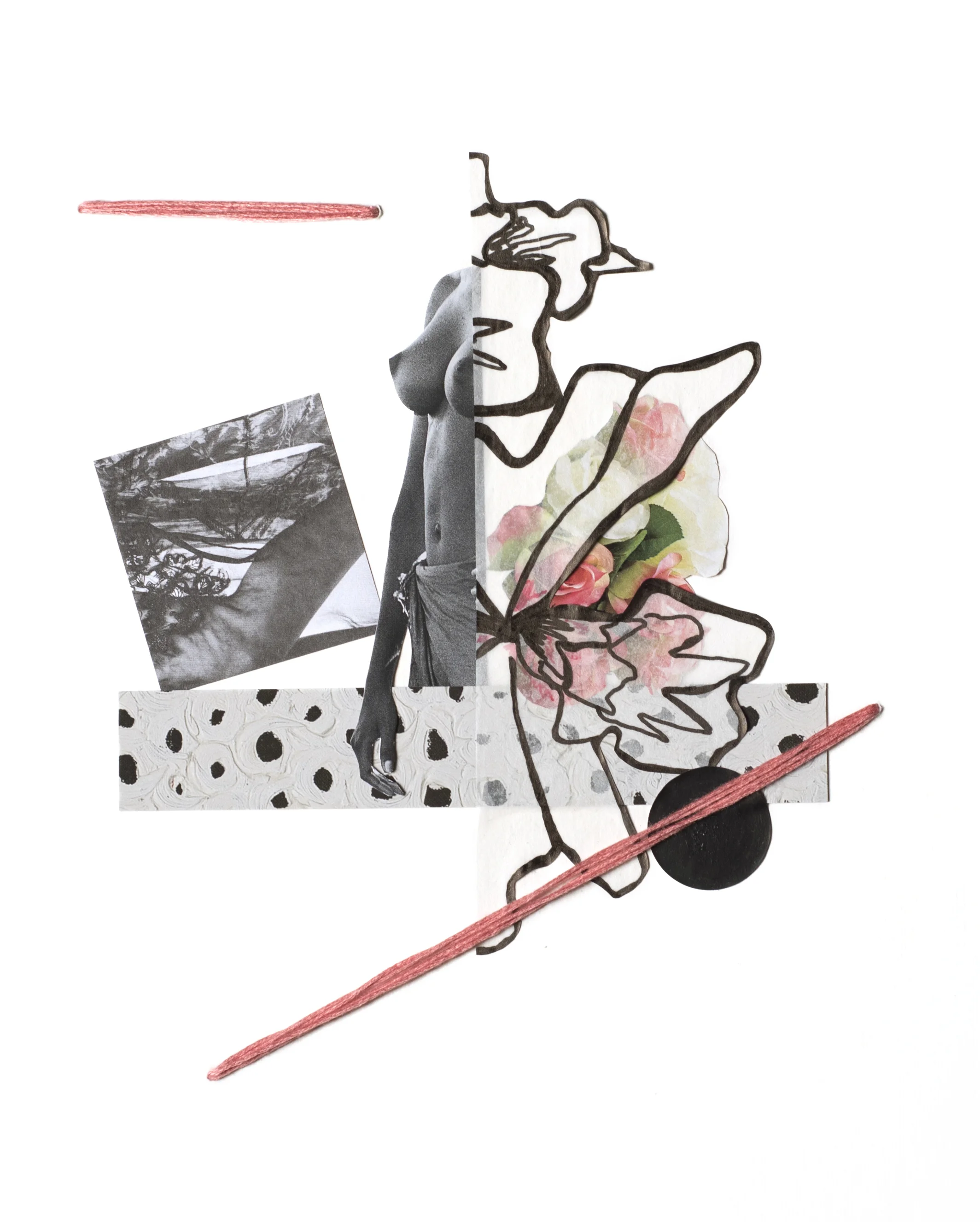 Woman Study 070417-1 , 2017 Ink, vellum, sticker, acrylic, auction catalog, magazine, and embroidery floss on archival mat board 10 x 8 inches