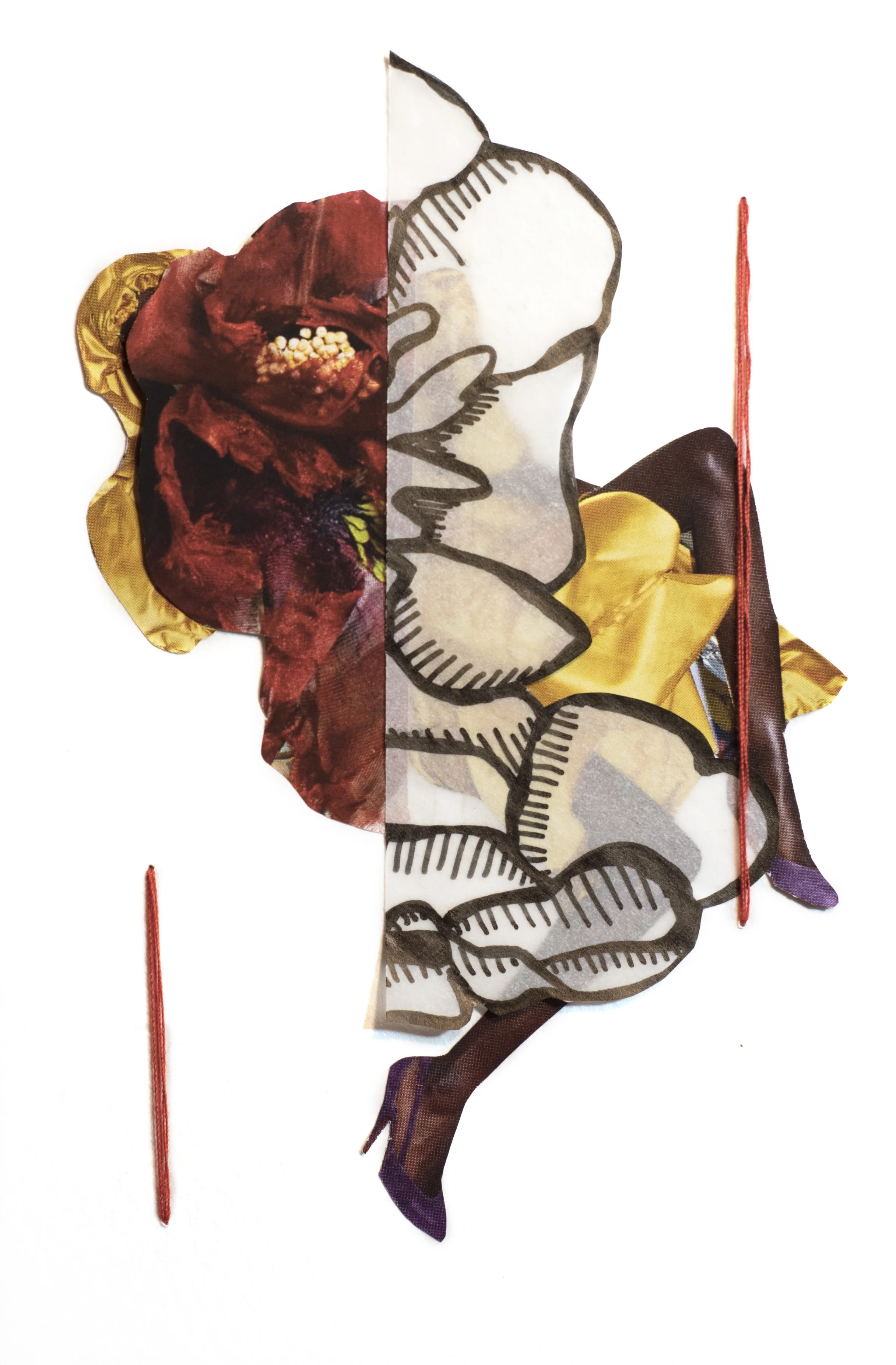 Woman Study 051317-2 , 2017 Magazine, vellum, ink, and thread on watercolor paper 6 x 4 inches