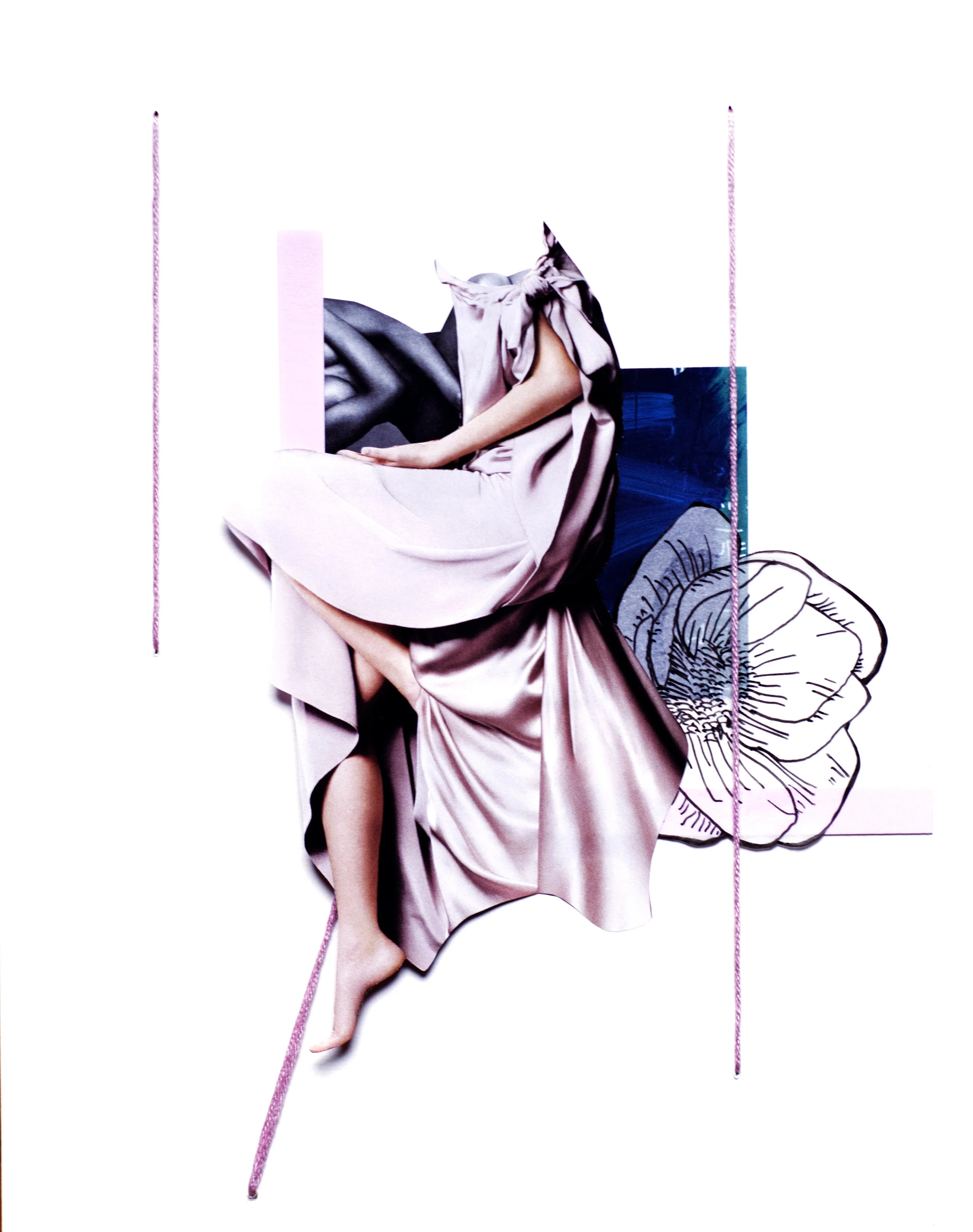 Woman Study 082717-2 , 2017 Ink, vellum, sticker, enamel, auction catalog, magazine and embroidery floss on archival mat board 10 x 8 inches