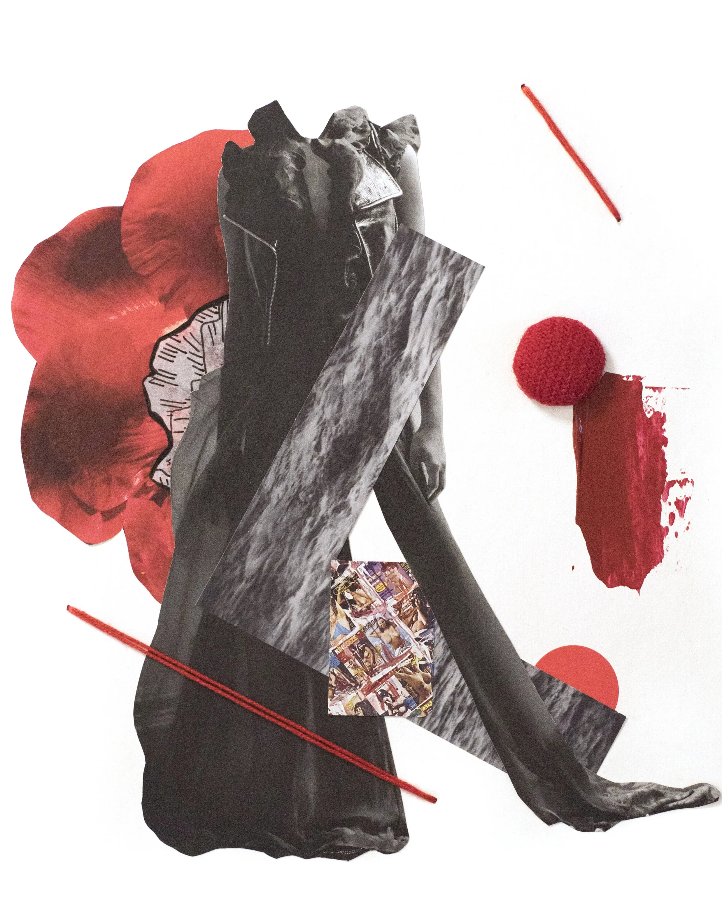 Woman Study 93017-1 , 2017 Magazine, catalog, ink, vellum, embroidery floss, acrylic, vintage button, and sticker on archival mat board 10 x 8 inches