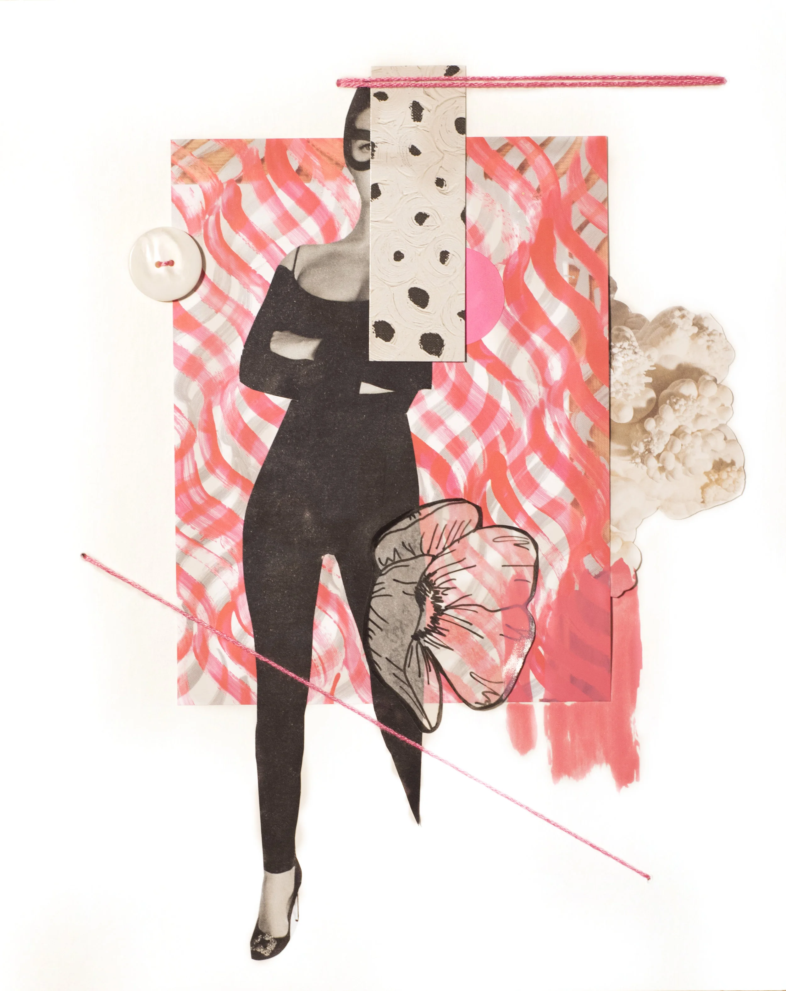 Woman Study 100217-3 , 2017 Magazine, catalog, ink, vellum, sticker, vintage pearl button, enamel, and embroidery floss on archival matboard 10 x 8 inches