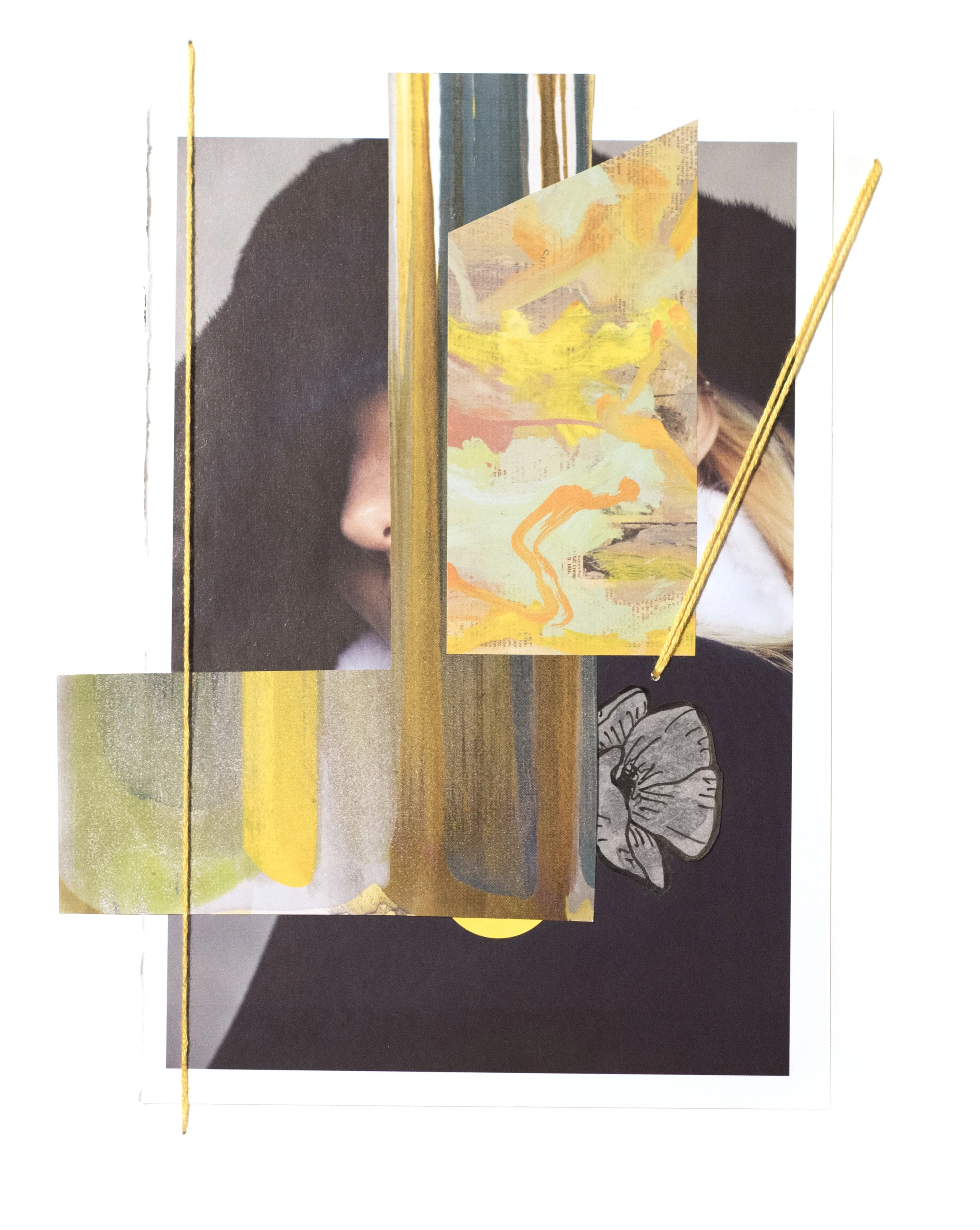 Woman Study 100317-3 , 2017 Magazine, catalog, ink, vellum, sticker, and embroidery floss on archival matboard 10 x 8 inches