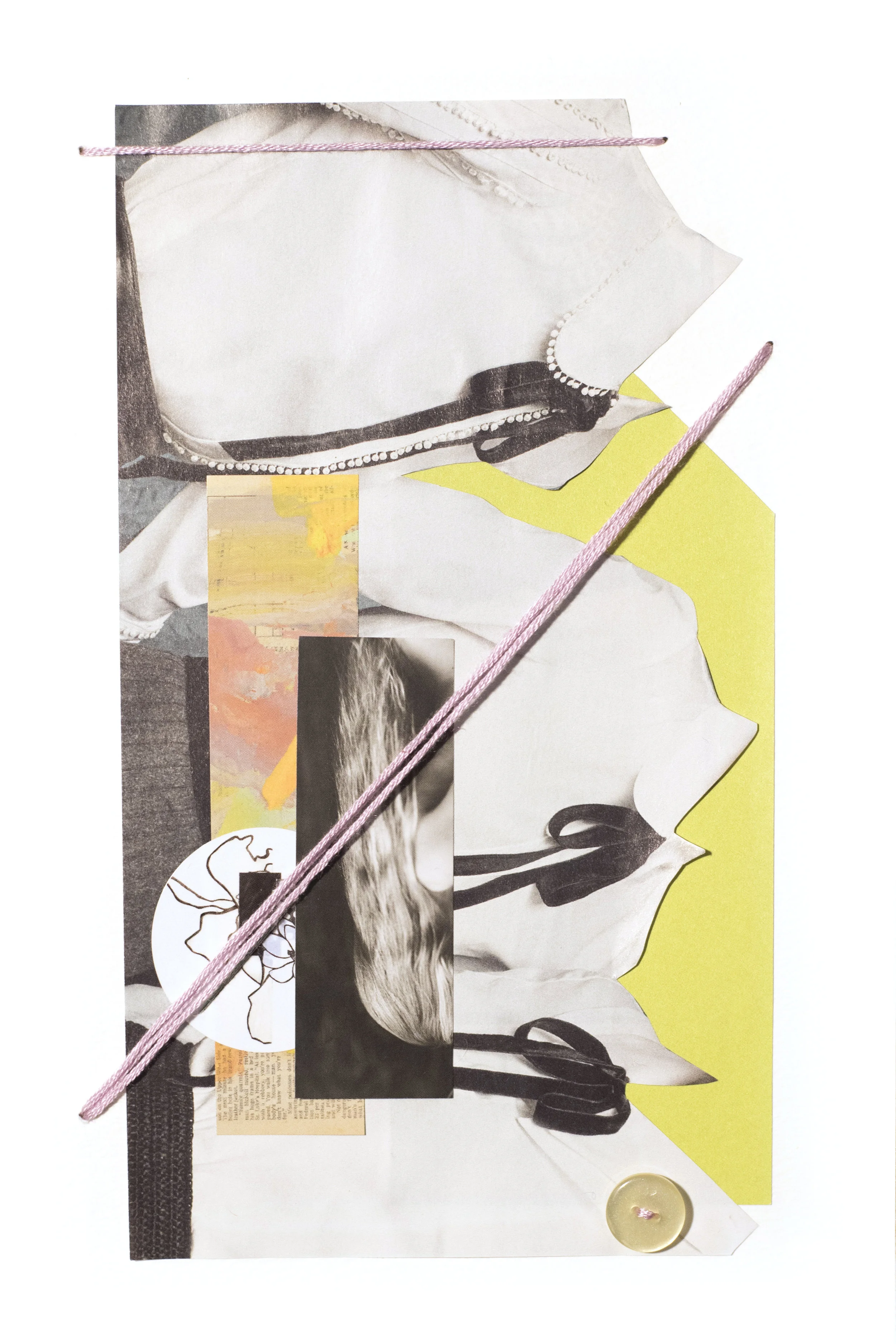 Woman Study 100317-6, 2017 Magazine, catalog, sticker, vintage pearl button, and embroidery floss on watercolor paper 9 x 6 inches