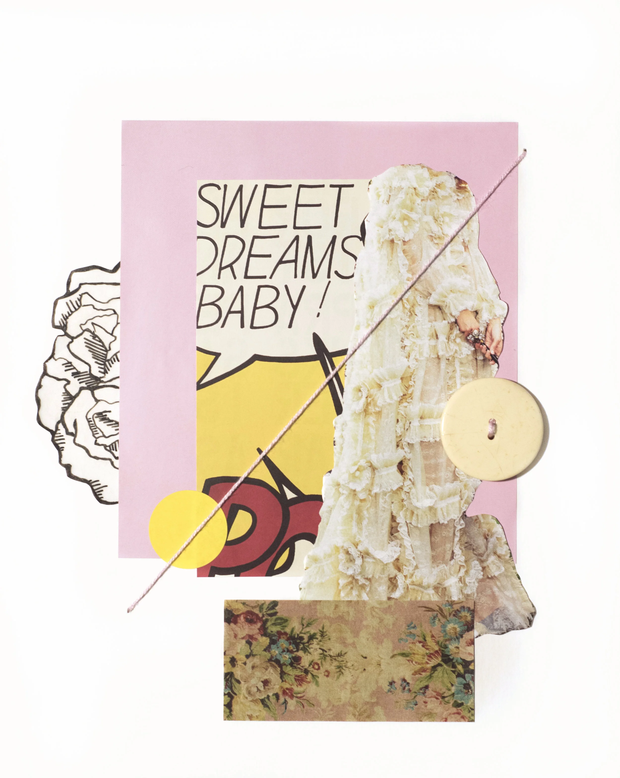 Woman Study 100817-3 , 2017 Magazine, catalog, ink, vellum, sticker, vintage button, and embroidery floss on archival mat board 10 x 8 inches