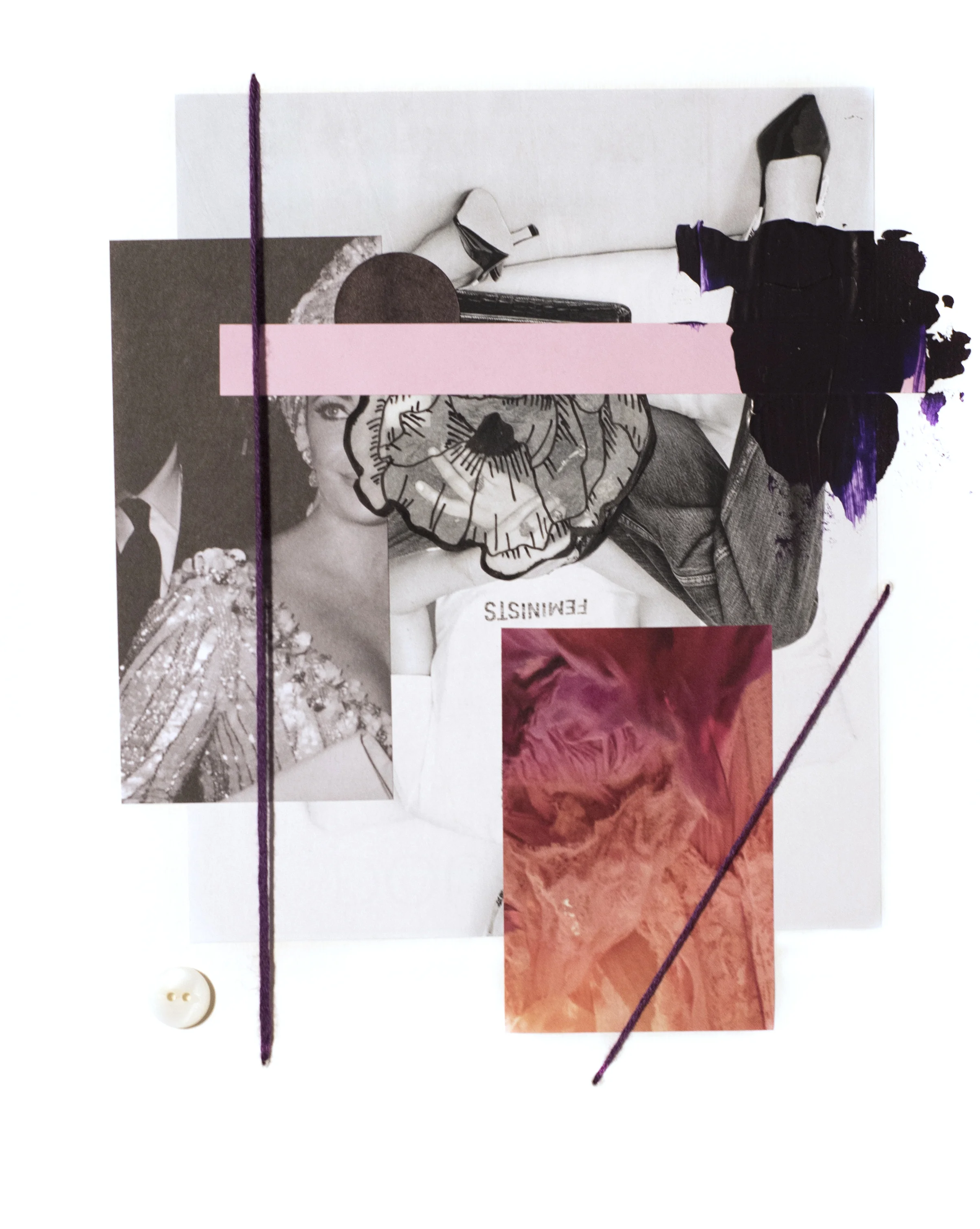 Woman Study 100917-2 , 2017 Magazine, catalog, acrylic, ink, vellum, vintage pearl button, sticker, and embroidery floss on archival mat board 10 x 8 inches
