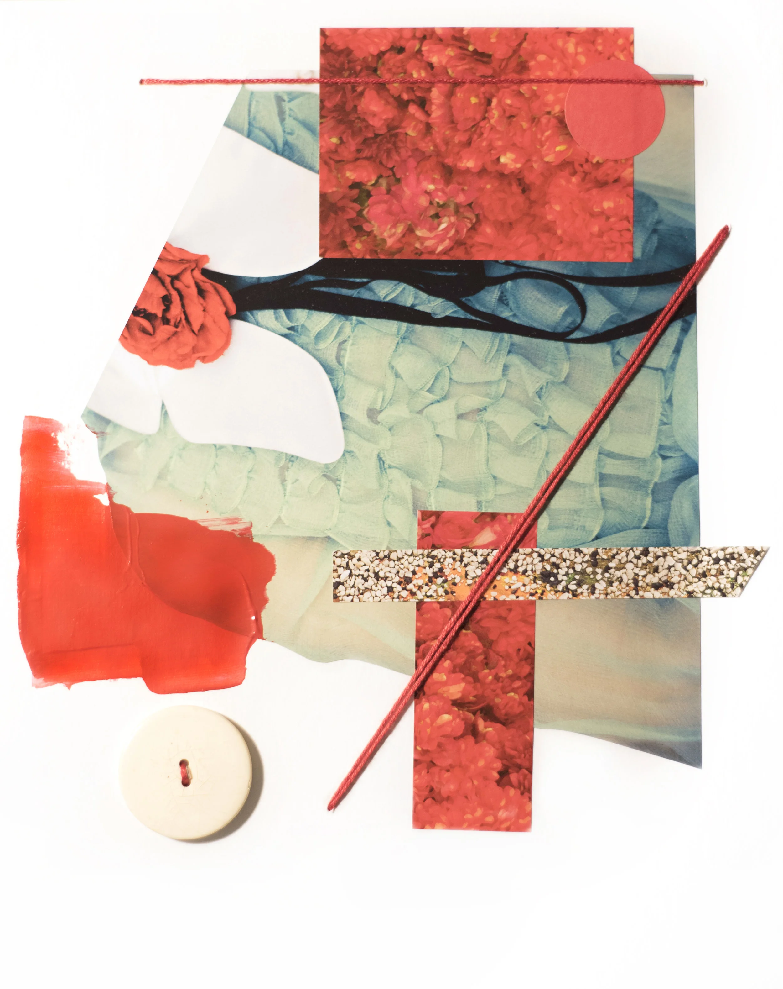 Woman Study 102817-1 , 2017 Magazine, catalog, sticker, acrylic, vintage button, and embroidery floss on archival mat board 10 x 8 inches
