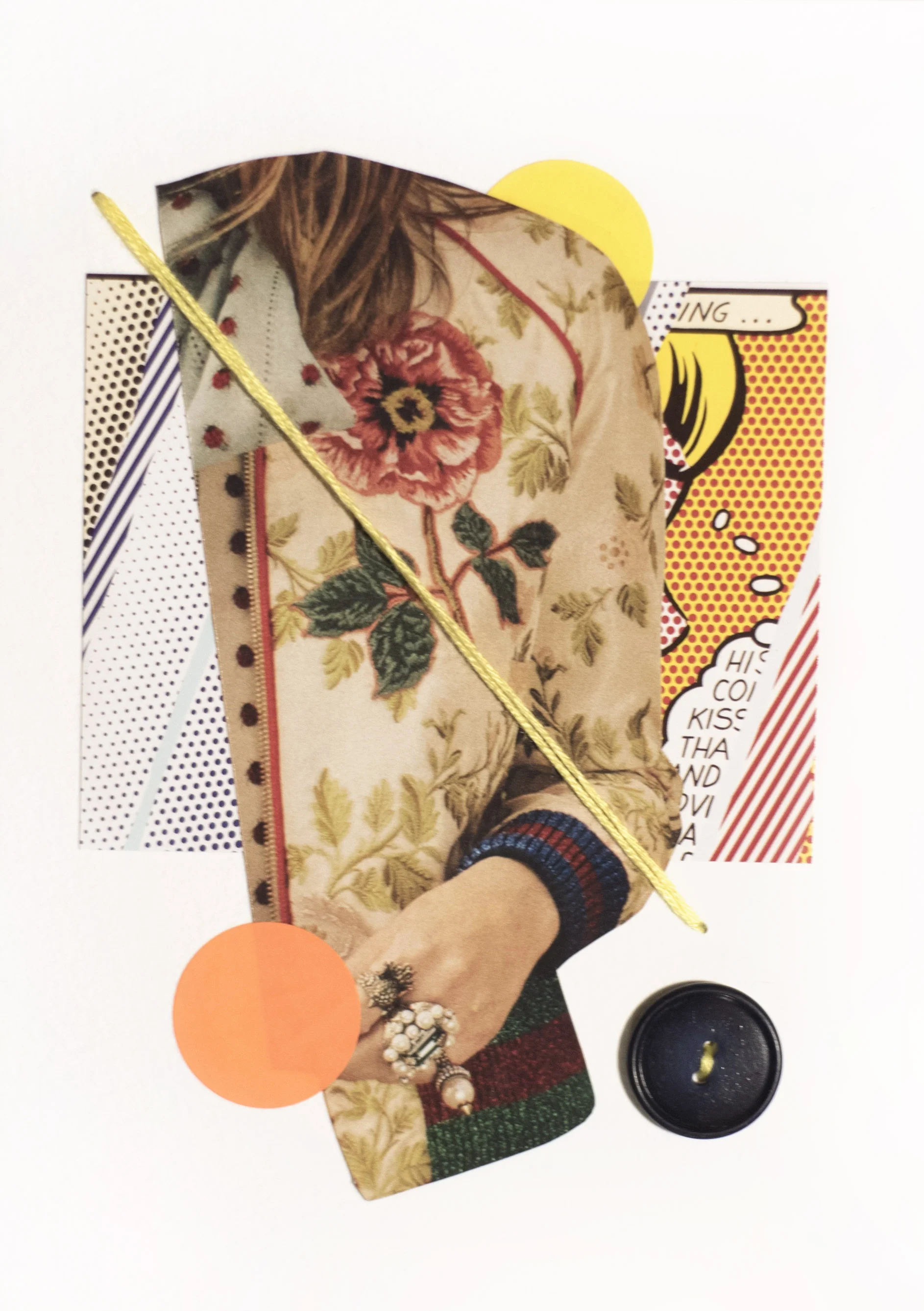 Woman Study 110517-3 , 2017 Magazine, catalog, sticker, vintage button, and embroidery thread on watercolor paper 7 x 5 inches