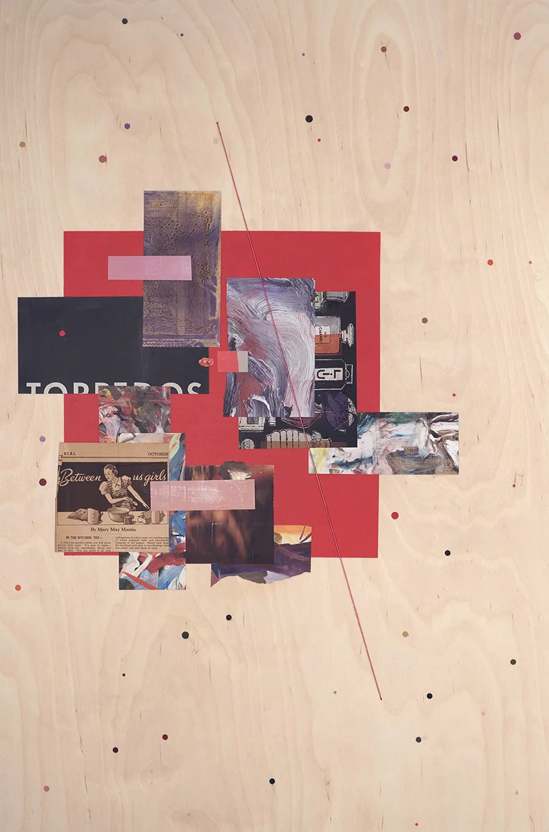 Coquelicot (Krasner) , 2019 Acrylic, auction catalog, embroidery thread, pigment print, magazine and vintage newspaper on wood 36 x 24 inches