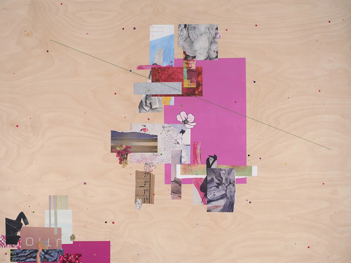 Fluorescent Pink (Minter) , 2019 Acrylic, auction catalog, embroidery thread, pigment print, magazine and vintage newspaper on wood 36 x 48 inches