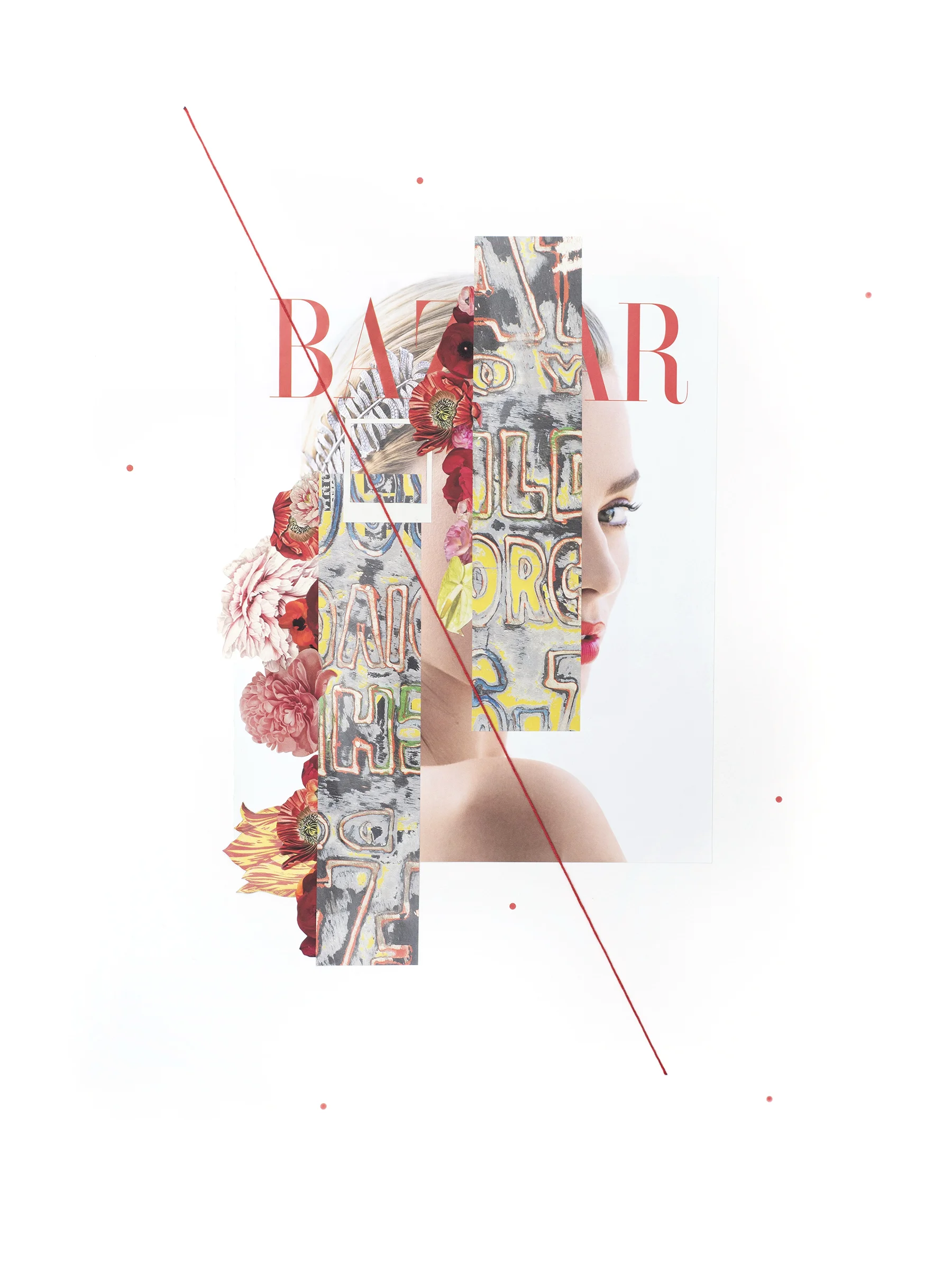 Scarlet , 2019 Auction catalog, embroidery thread, magazine, and pigment print on 140lb cold press watercolor paper 24 x 18 inches