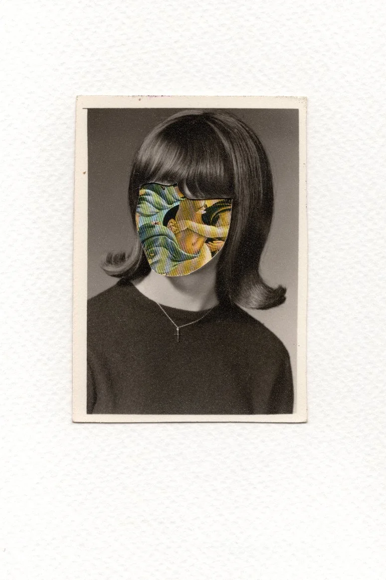 Revision 13, 2026, Auction catalog and vintage photograph on watercolor paper, 6 x 4 inches