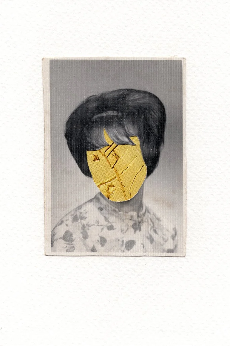 Revision 23, 2026, Auction catalog and vintage photograph on watercolor paper, 6 x 4 inches