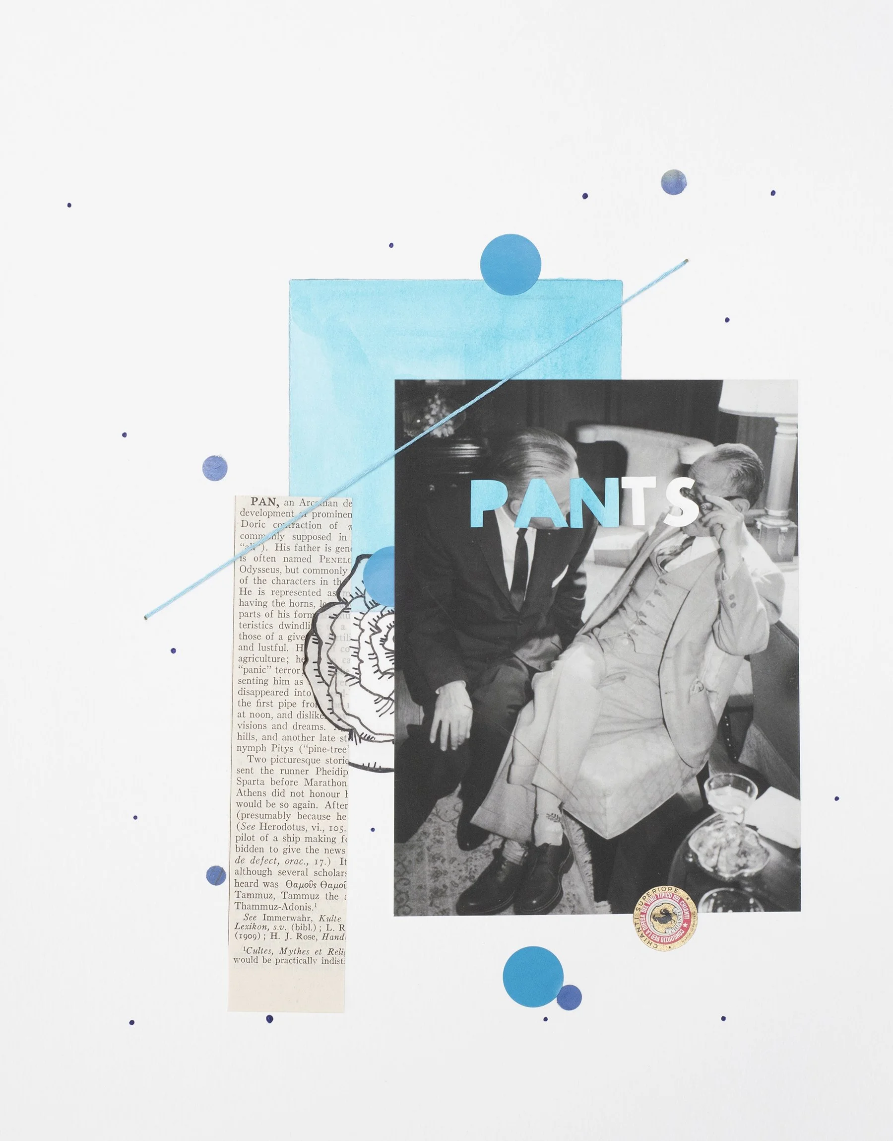 Pants/Pan, 2020 Acrylic, archival inkjet print, Chianti wine label, embroidery thread, 1947 Encyclopedia Britannica, ink, marker, sticker, and vellum on watercolor paper 14 x 11 inches