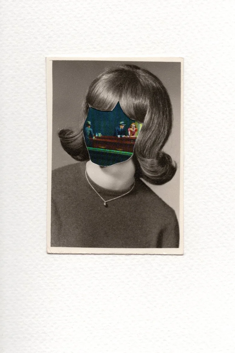 Revision 05, 2026, Auction catalog and vintage photograph on watercolor paper, 6 x 4 inches