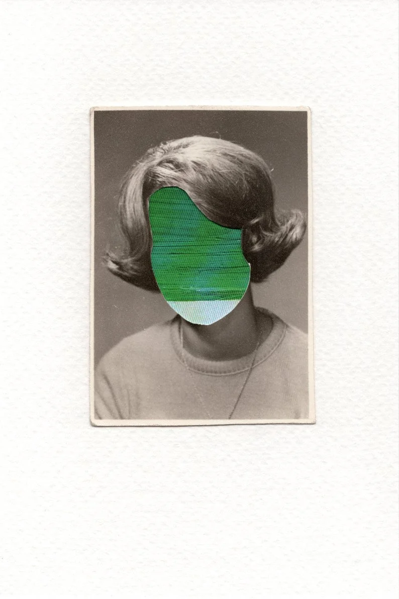 Revision 25, 2026, Auction catalog and vintage photograph on watercolor paper, 6 x 4 inches