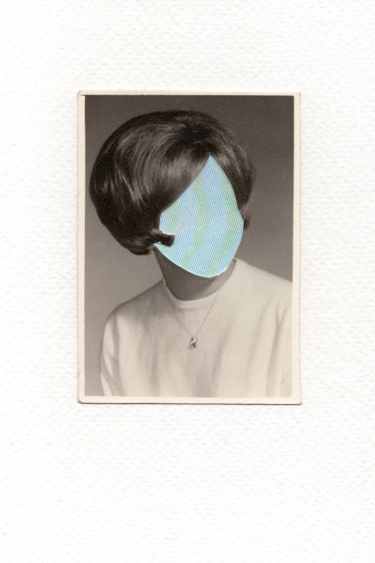 Revision 06, 2026, Auction catalog and vintage photograph on watercolor paper, 6 x 4 inches